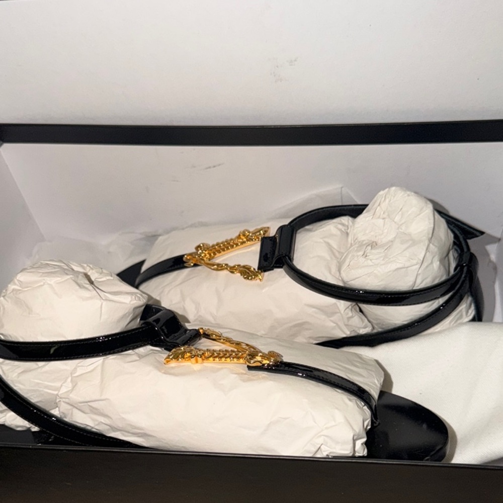 Black Patent T-Strap Sandals with Gold Chain Accent